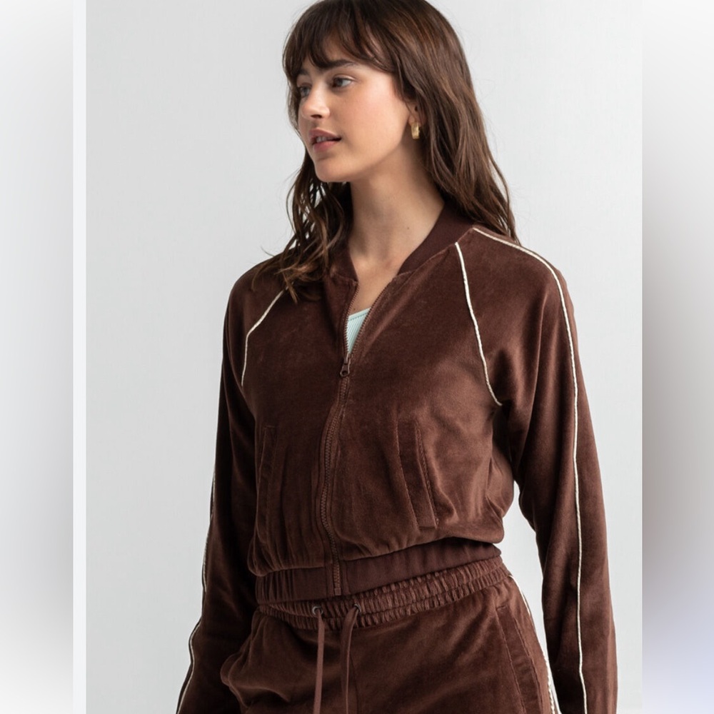 RSQ Milk Chocolate Piped Velour Track Jacket -‎ Size Medium EUC - Picture 2 of 7